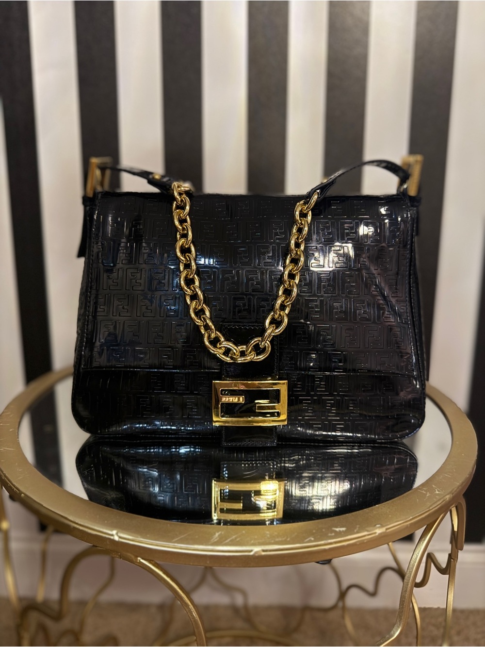Rare Fendi Mamma Forever Baguette Black Patent FF Embossed Shoulder Bag Gold